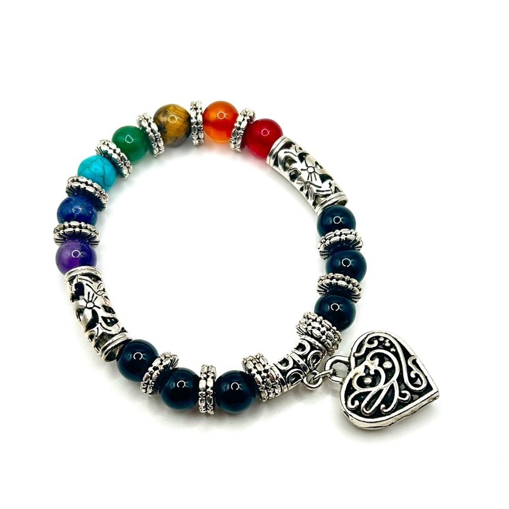 7 Chakra Healing Love Beaded Stretch Bracelet with Heart Charm Multicolor